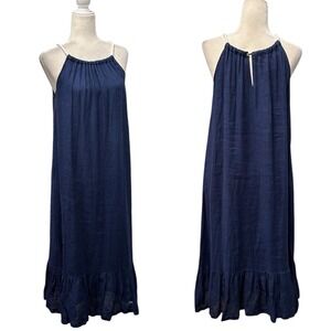 Antibes Blanc Blue Maxi Dress 100% Linen Womens Size S‎ Ruffled Hem Sleeveless